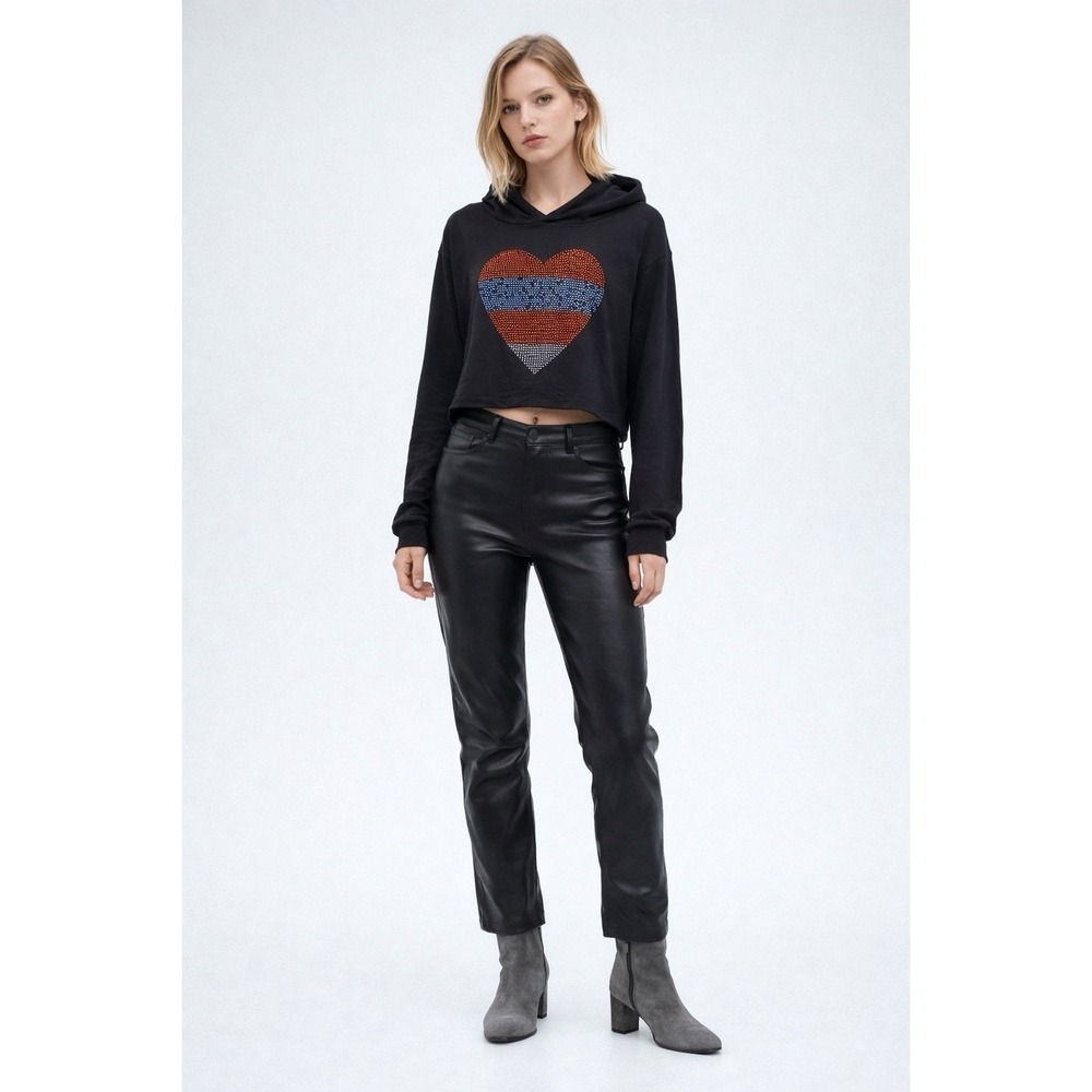 Rainbow Black Cropped Hoodie Rhinestone Heart Graphic Size M